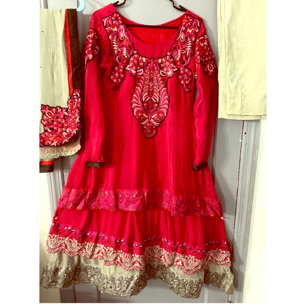 Red and Gray Embroidered Ruffled Anarkali
